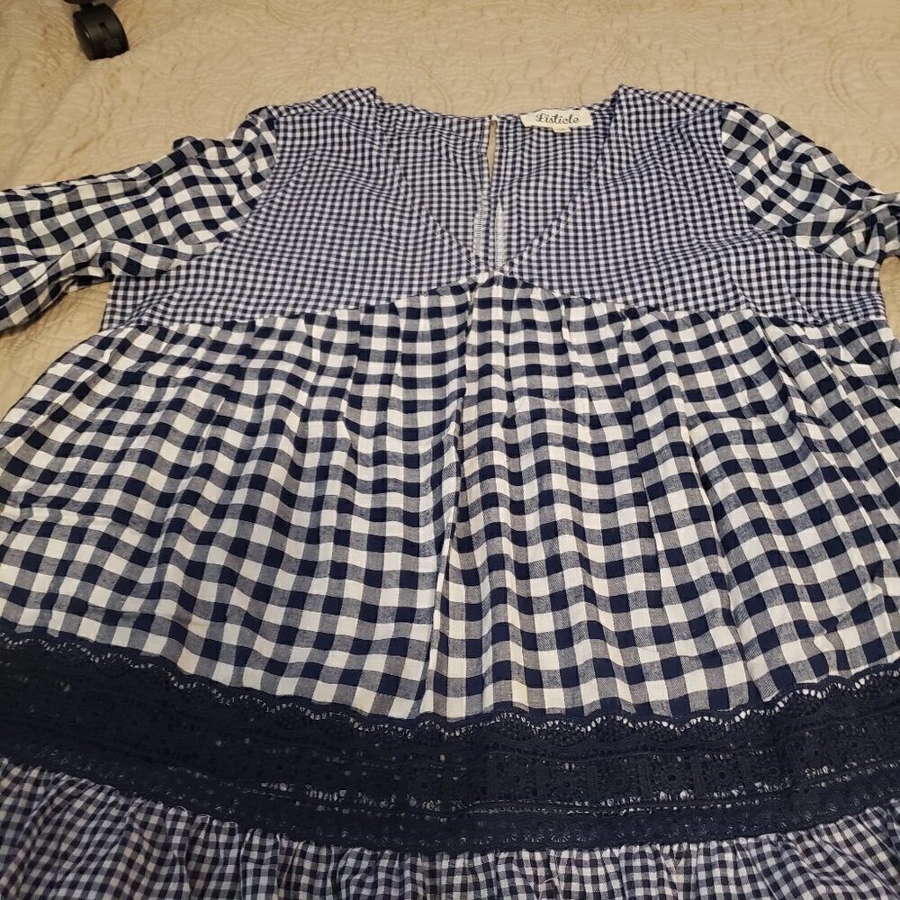LISTICLE Gingham Babydoll Top with Lace